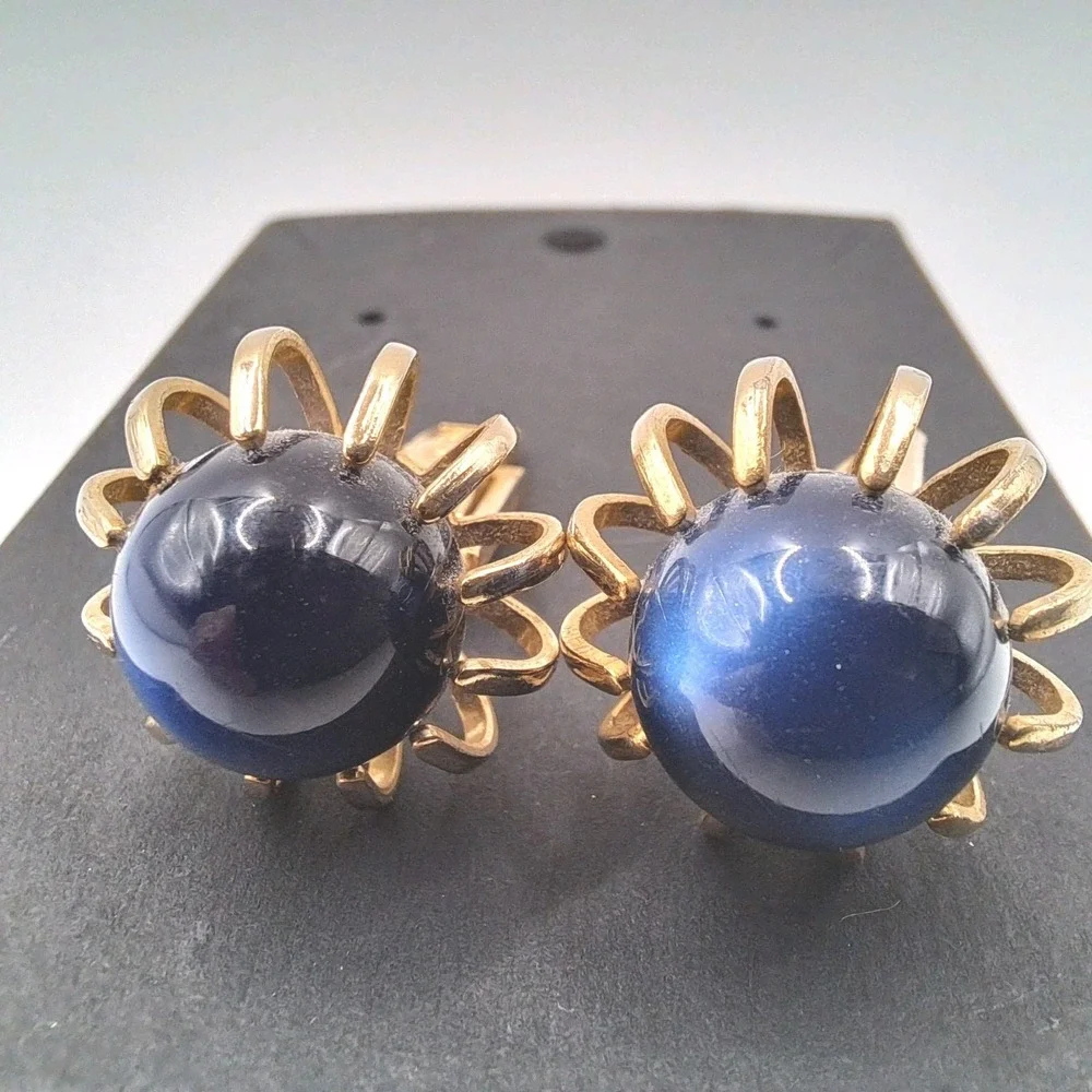 Vintage MCM Gold Tone Ball Cage Cufflinks Cobalt Blue Cabochon Pat Pend Unsigned